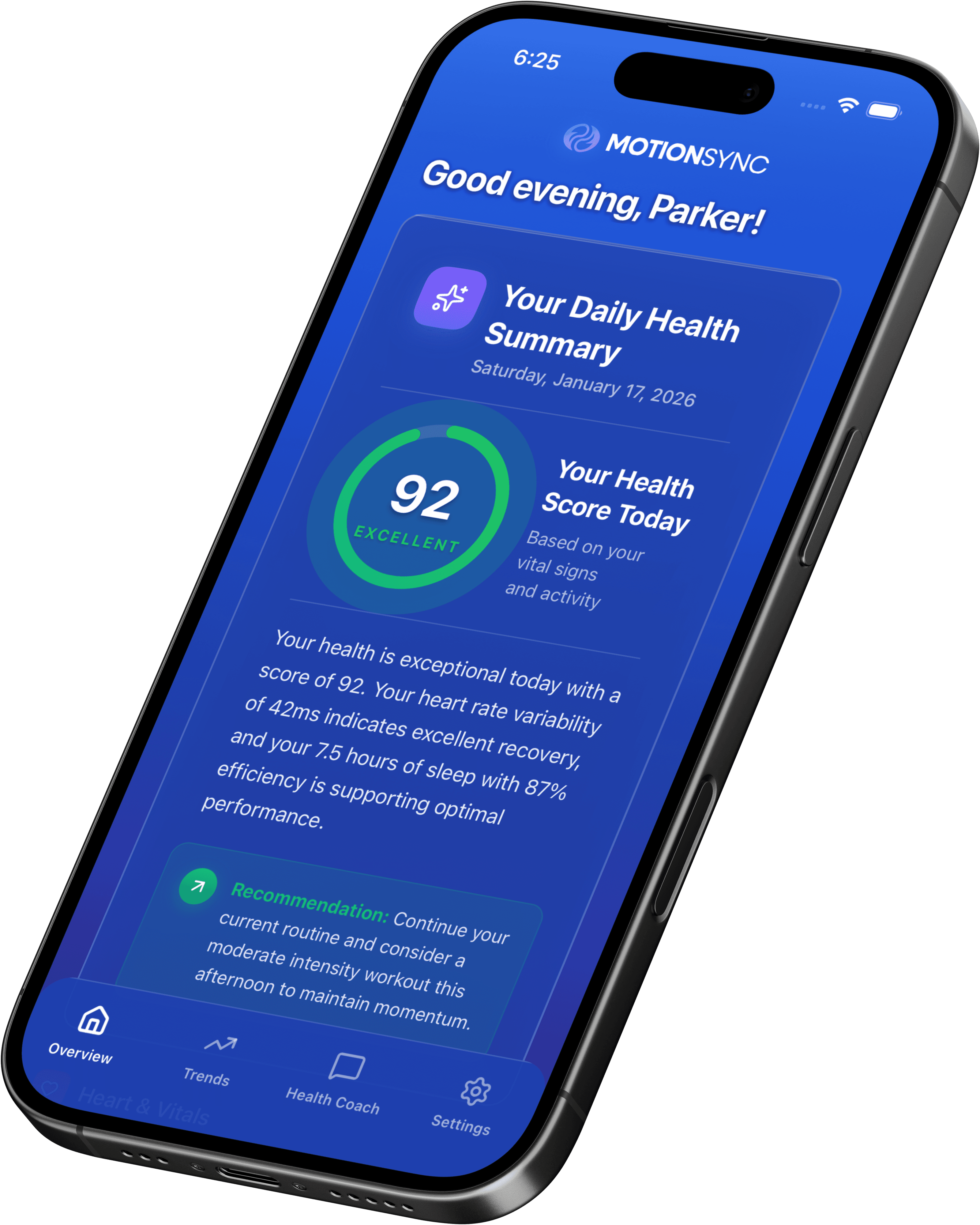 MotionSync Health Dashboard on iPhone