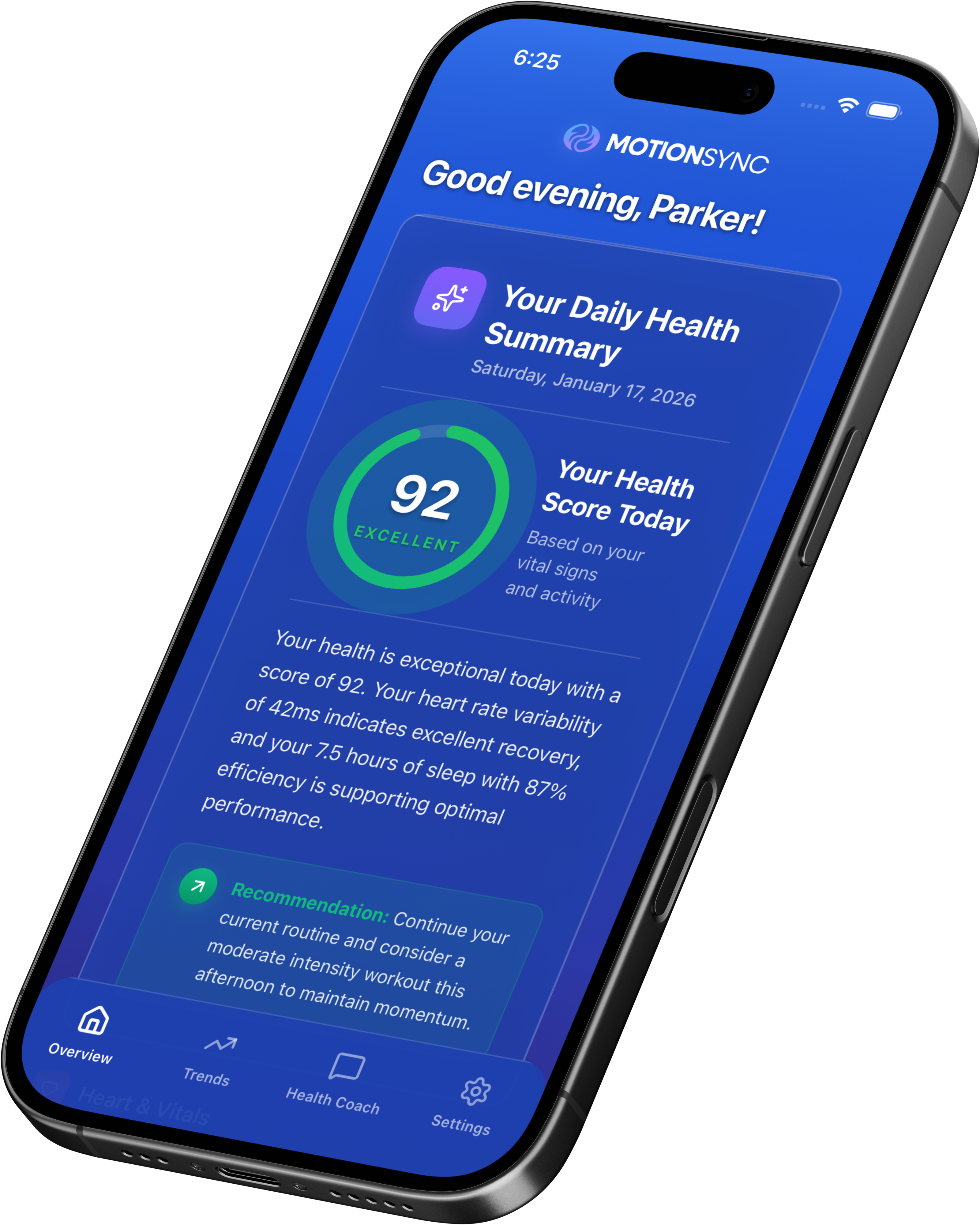 MotionSync Health Dashboard on iPhone